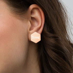 Engraved Hexagon Earrings - "Strong"
